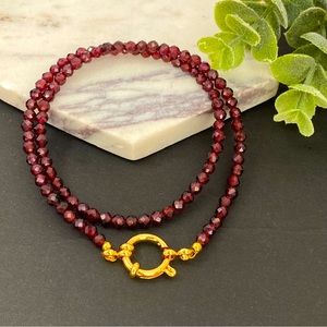 Garnet Necklace Choker with Gold Sailor Clasp Front or back faceted gemstone